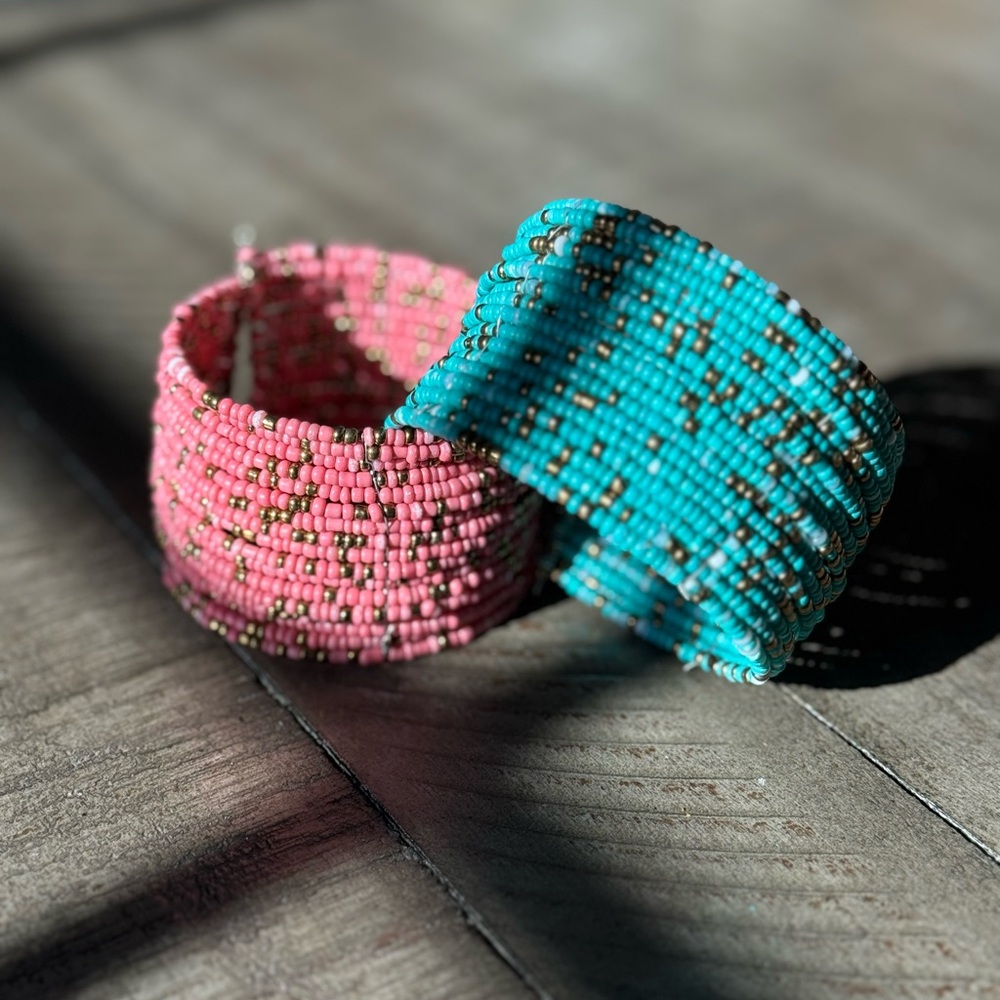 Pink and Turquoise Beaded Bracelet Cuffs